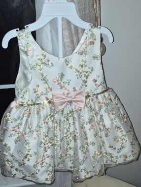 American Princess White Floral Embroidered Bow Party Dress